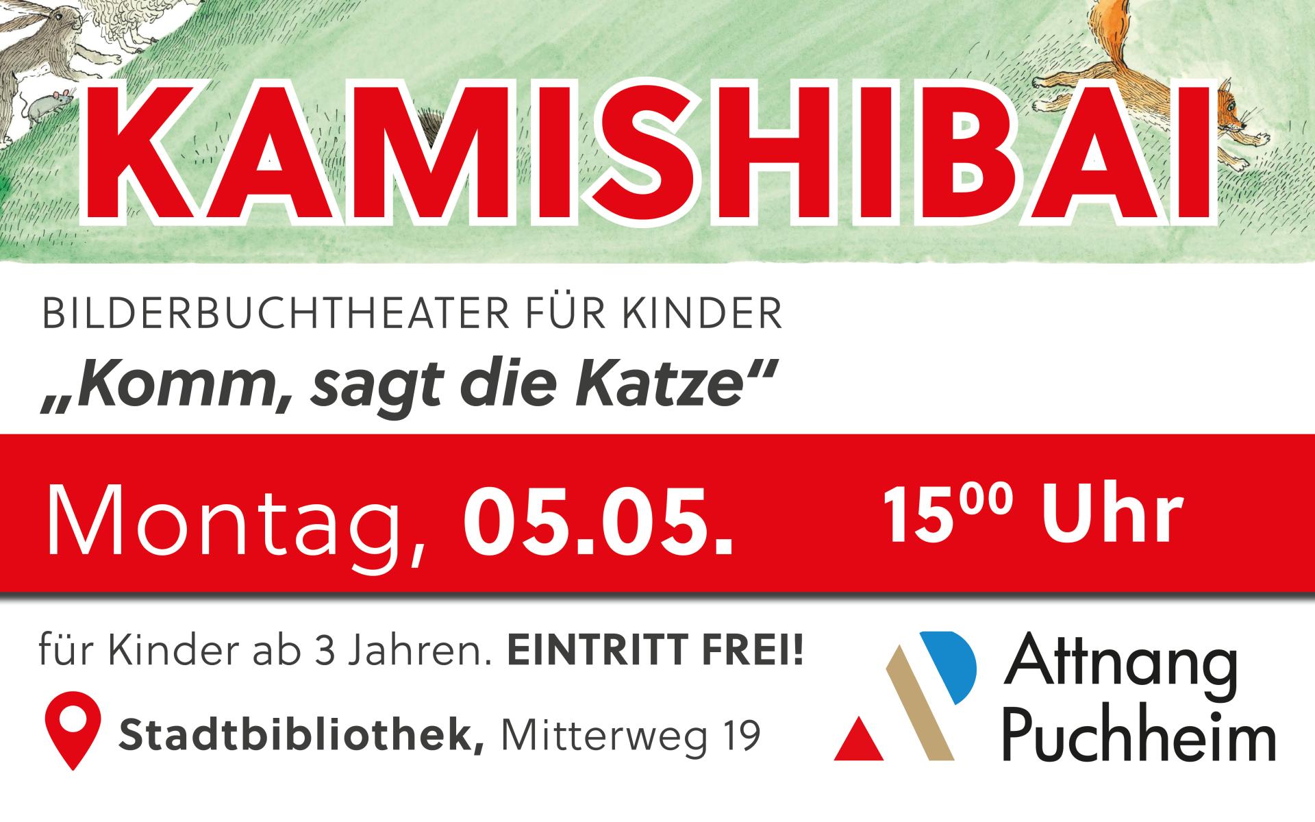 Plakat: Kamsishibai, komm, sagt die Katze
