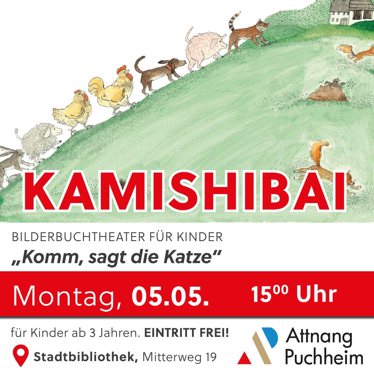 Plakat: Kamsishibai, komm, sagt die Katze